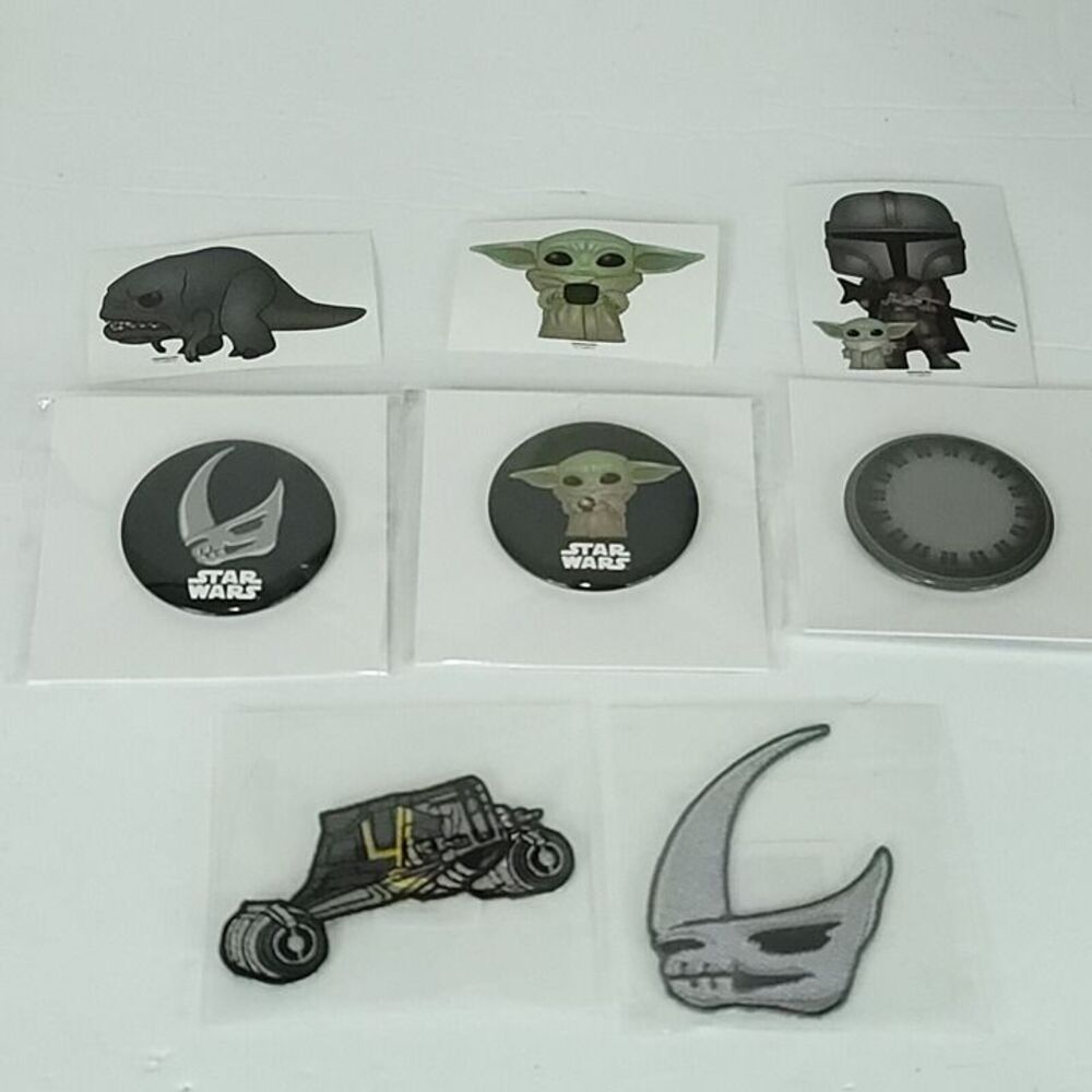 Complete Set 3 Pins 3 Decal 2 Patch Mandalorian Lot GameStop Star Wars Funko
